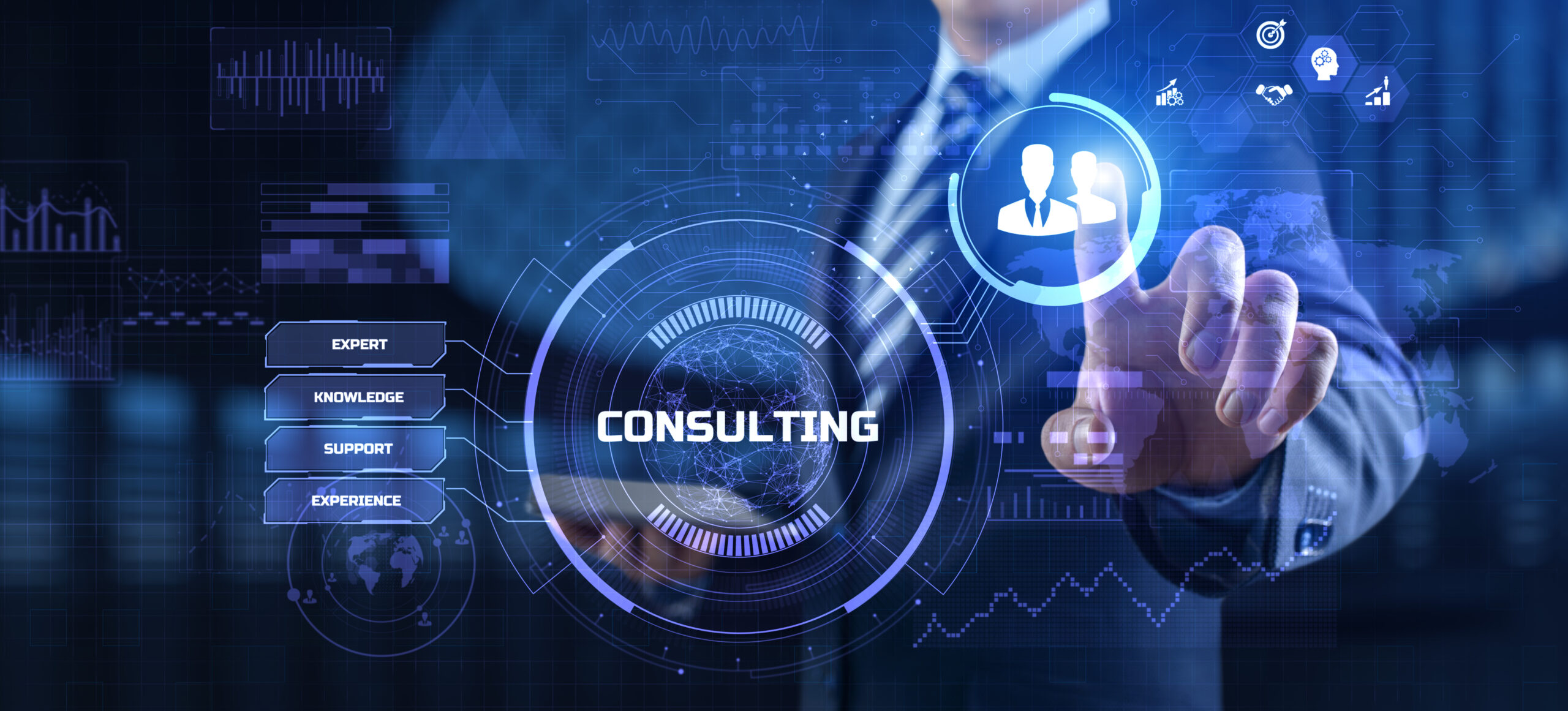 Consulting service business concept. Businessman pressing button on screen.