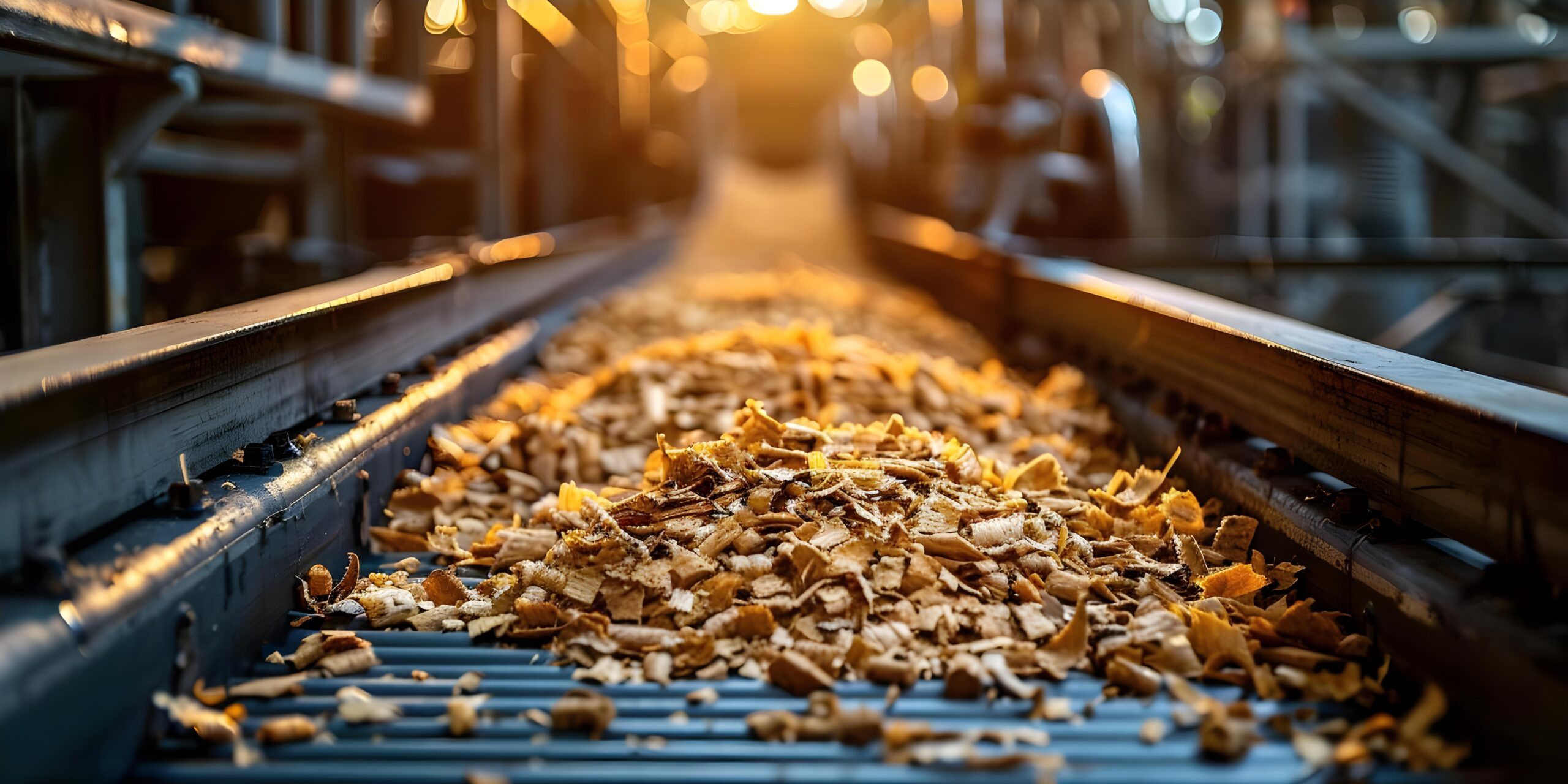 Processing wood chips on a conveyor belt. Concept Wood Chips, Conveyor Belt, Processing, Manufacturing, Wood Industry