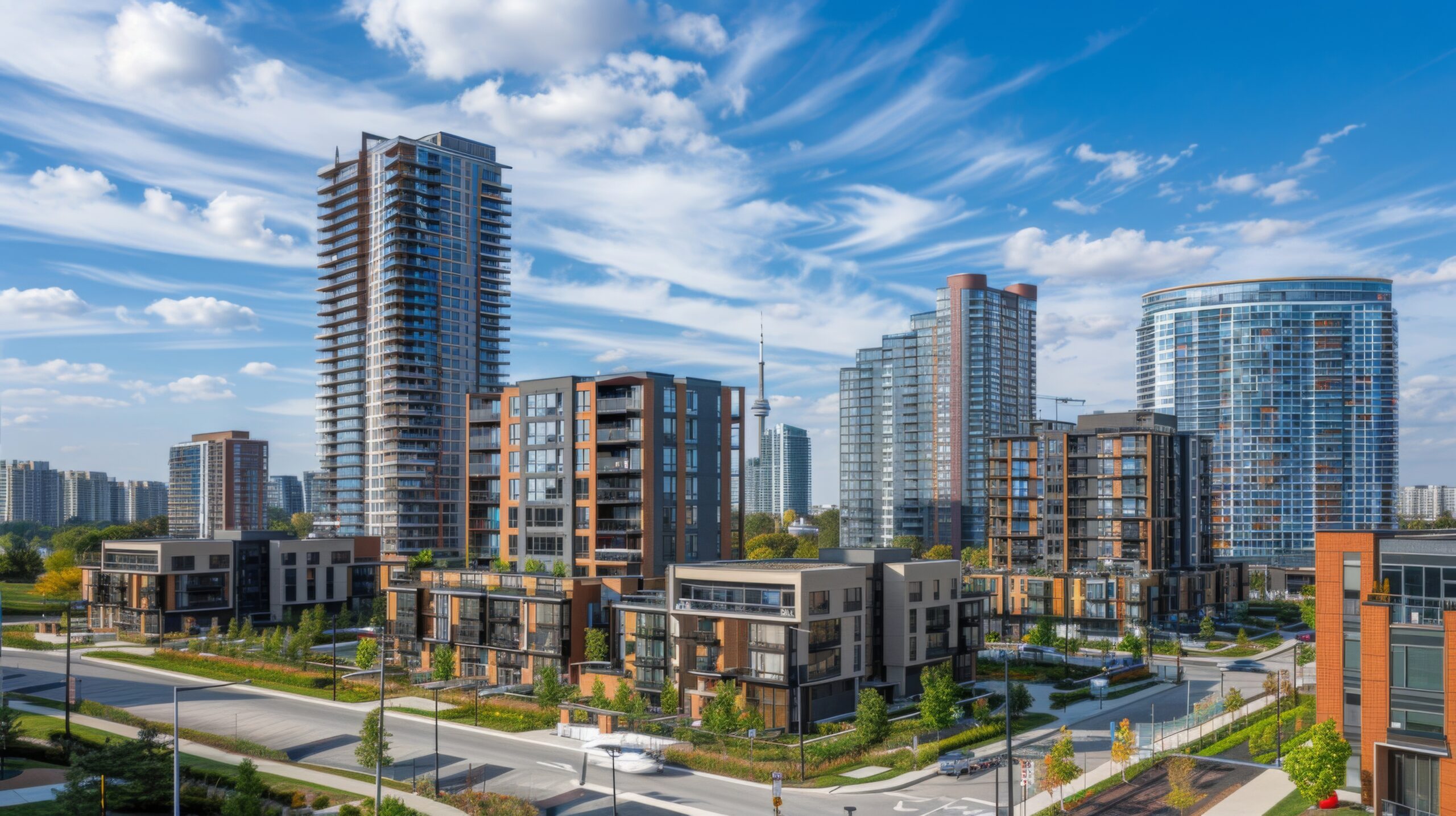 Urban development project featuring mixed-use buildings, showcasing integrated residential, commercial, and recreational spaces in a vibrant cityscape, emphasizing community and modern living.