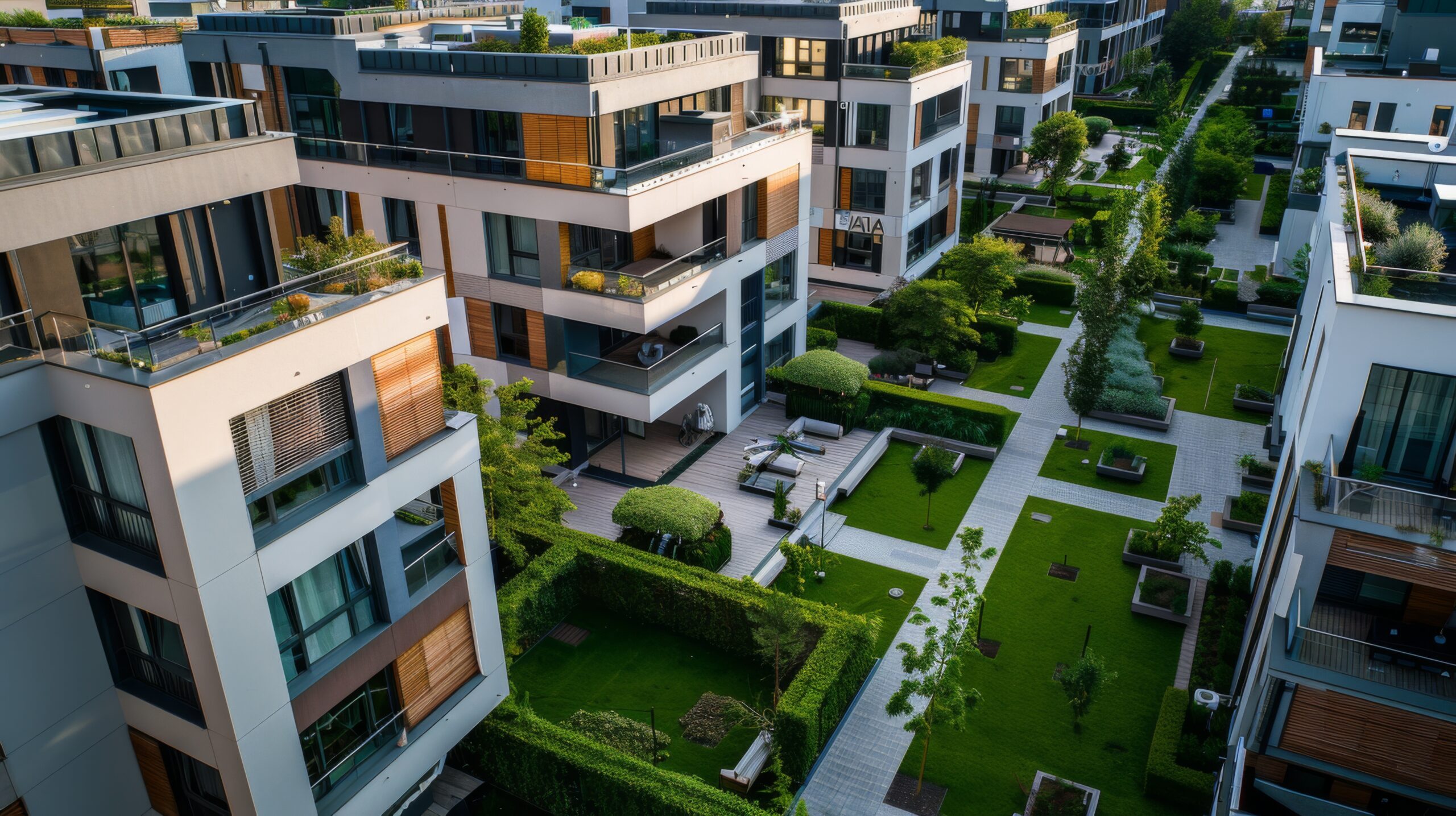 Residential area with ecological and sustainable green residential buildings, low-energy houses with apartments and green