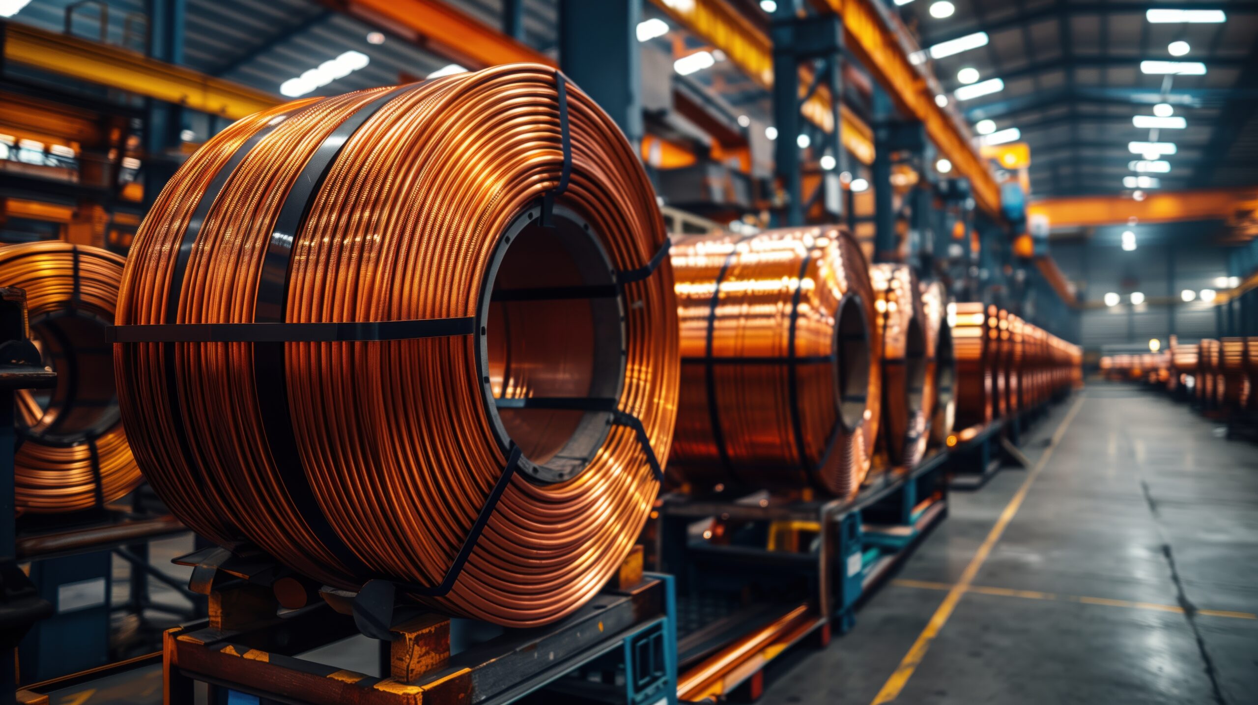 Coiled Copper Wire in Factory. Large coil of copper wire neatly arranged in a factory setting, ready for industrial use and distribution.