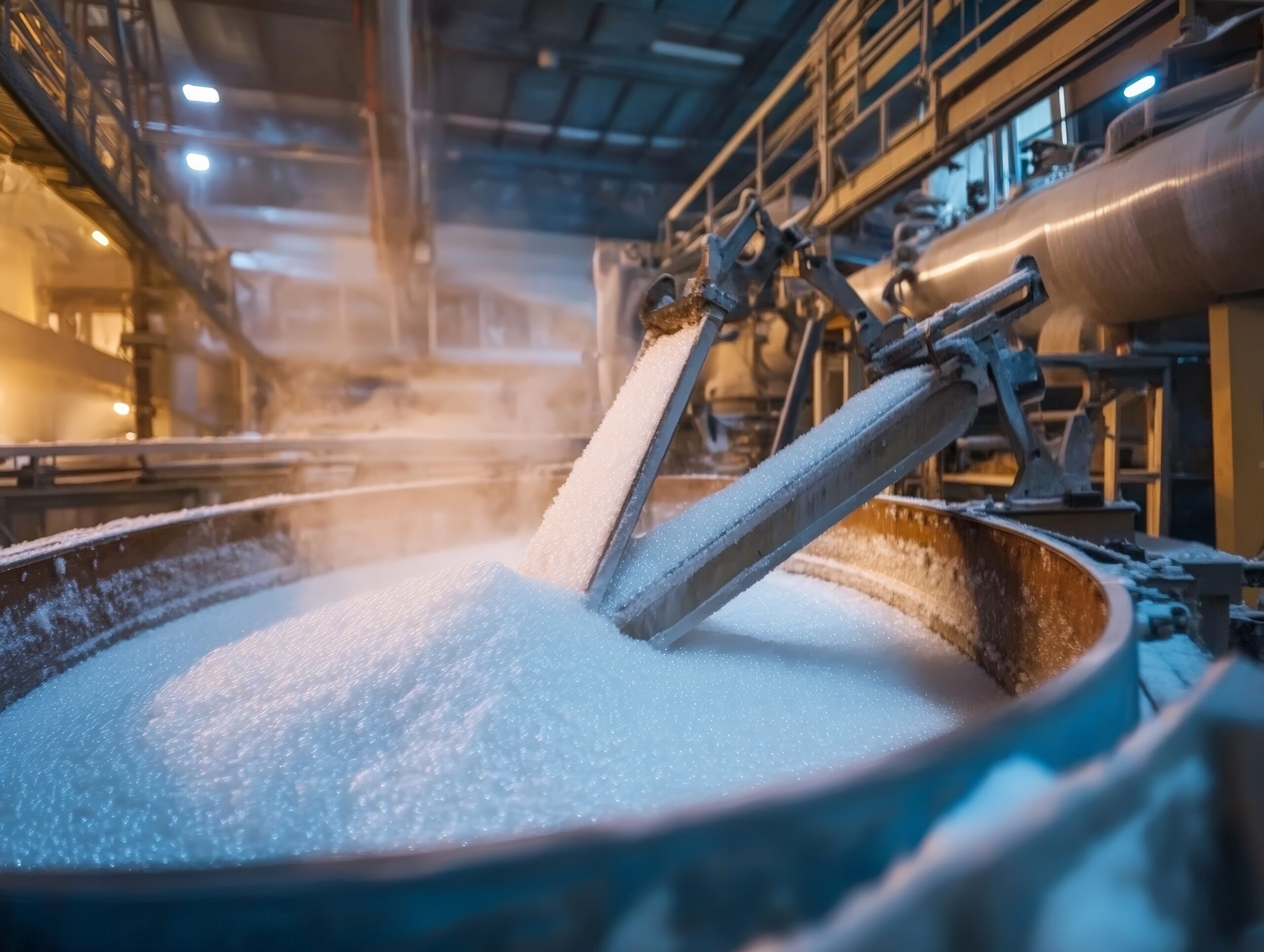 Industrial Sugar Production Process, Machinery Conveying White Granulated Sugar into a Large Mixing Tank in a Modern Factory